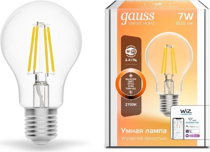Лампа светодиодная GAUSS Smart home filament а60 7w 806lm 2700к e27 диммируемая led [1200112] в Ростове-на-Дону